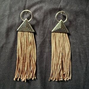Geometric Silver and Tan Tassel Earrings